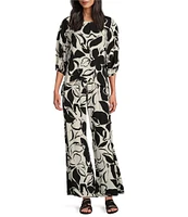 Bryn Walker Woven Lucinda Floral Petal Print Round Neck 3/4 Sleeve Hi-Low Hem Shirt