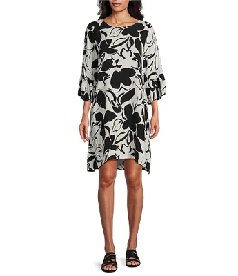 Bryn Walker Woven Phryne Flower Petal Print Round Neck 3/4 Sleeve Shift Dress