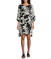 Bryn Walker Woven Phryne Flower Petal Print Round Neck 3/4 Sleeve Shift Dress