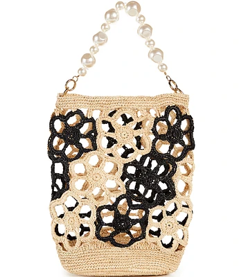 Btb Los Angeles Mahi Raffia Floral Cutout Pearl Strap Bucket Bag