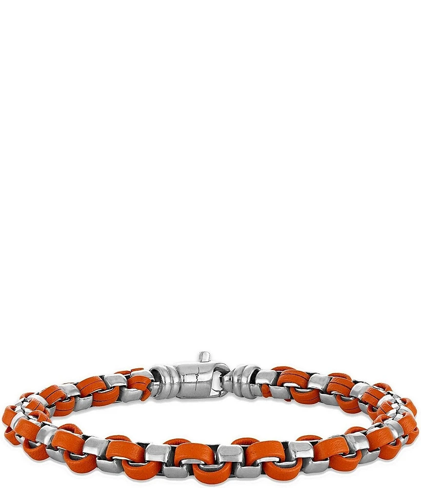 Bulova Men's Orange Leather & Sterling Silver Box Chain Line Bracelet