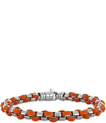 Bulova Men's Orange Leather & Sterling Silver Box Chain Line Bracelet