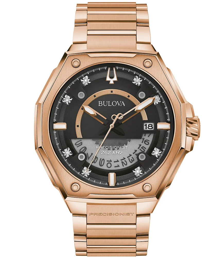 Bulova Men's Precisionist Rose Gold Diamond Dial Stainless Steel Bracelet Watch