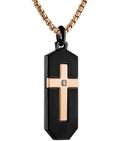 Bulova Men's Rose Gold Tone Stainless Steel Diamond Cross Dog Tag Long Pendant Necklace