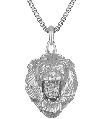 Bulova Men's Three-Dimensional Lion Head with Diamonds Stainless Steel Long Pendant Necklace