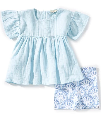 Burt's Bees Baby Girls Newborn-24 Months Bell-Sleeve Dotted Muslin Top & Printed Shorts Set