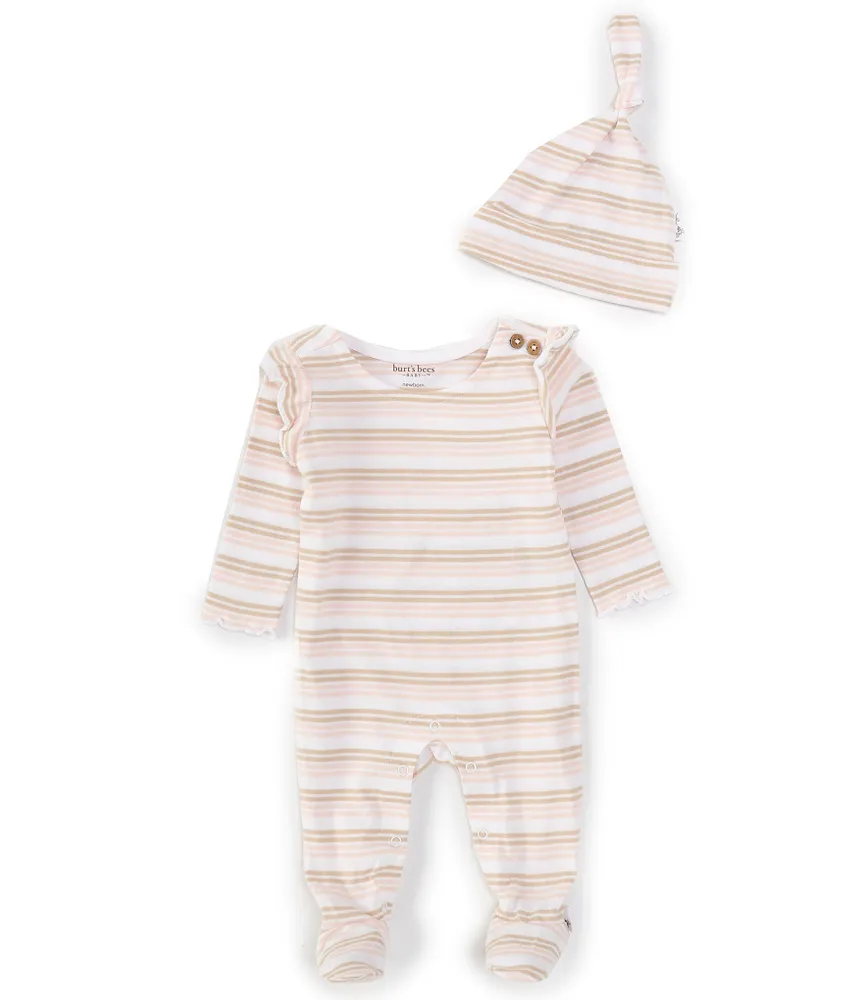 Burt's Bees Baby Girls Newborn-9 Months Coastal Stripe Flutter Footie Jumpsuit & Knot Top Hat Set