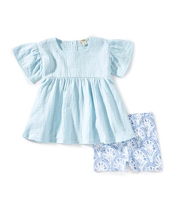 Burt's Bees Little GIrls 2T-5T Flutter-Sleeve Dotted Muslin Tunic Top & Coordinating Printed Shorts Set
