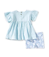 Burt's Bees Little GIrls 2T-5T Flutter-Sleeve Dotted Muslin Tunic Top & Coordinating Printed Shorts Set
