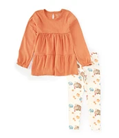 Burt's Bees Little Girls 2T-5T Long Sleeve Turkey Time Thanksgiving Solid Tunic Top & Turkey/Pumpkin-Printed Leggings Set