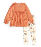 Burt's Bees Little Girls 2T-5T Long Sleeve Turkey Time Thanksgiving Solid Tunic Top & Turkey/Pumpkin-Printed Leggings Set