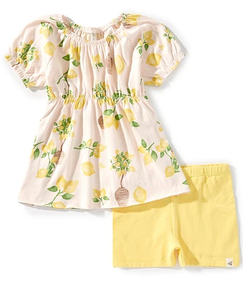 Burt's Bees Little Girls 2T-5T Puffed-Sleeve Island Lemon Printed Tunic Top & Coordinating Shorts Set