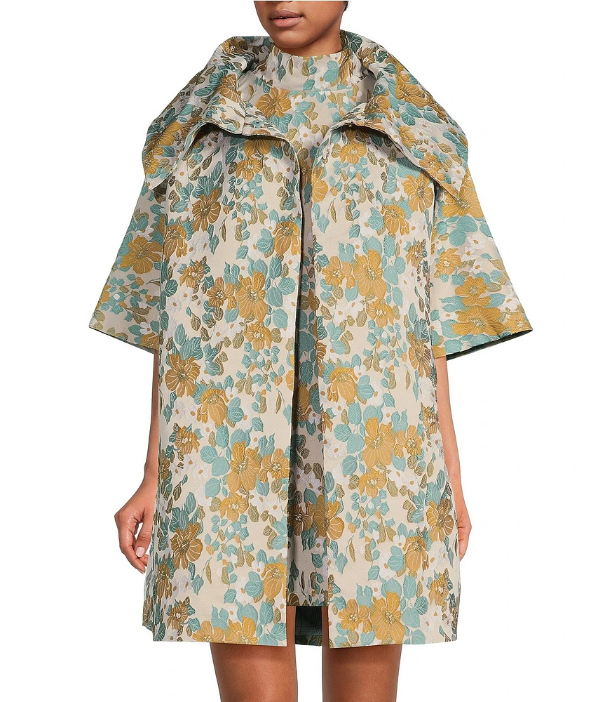 Buru Brocade Floral Oversized Point Collar 3/4 Sleeve Pocketed Topper Jacket