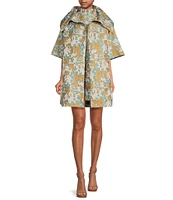 Buru Brocade Floral Oversized Point Collar 3/4 Sleeve Pocketed Topper Jacket