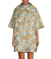 Buru Brocade Floral Oversized Point Collar 3/4 Sleeve Pocketed Topper Jacket