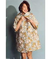 Buru Brocade Floral Oversized Point Collar 3/4 Sleeve Pocketed Topper Jacket