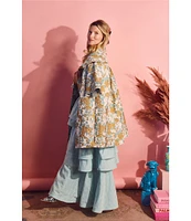 Buru Brocade Floral Oversized Point Collar 3/4 Sleeve Pocketed Topper Jacket