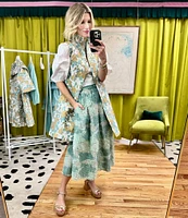 Buru Brocade Floral Oversized Point Collar 3/4 Sleeve Pocketed Topper Jacket