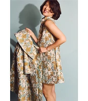 Buru Brocade Floral Oversized Point Collar 3/4 Sleeve Pocketed Topper Jacket