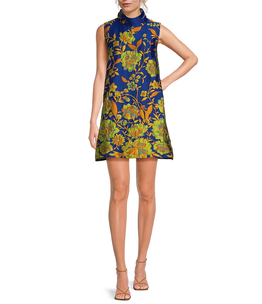 Buru Brocade Mock Neck Sleeveless Shift Dress