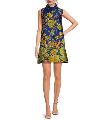 Buru Brocade Mock Neck Sleeveless Shift Dress