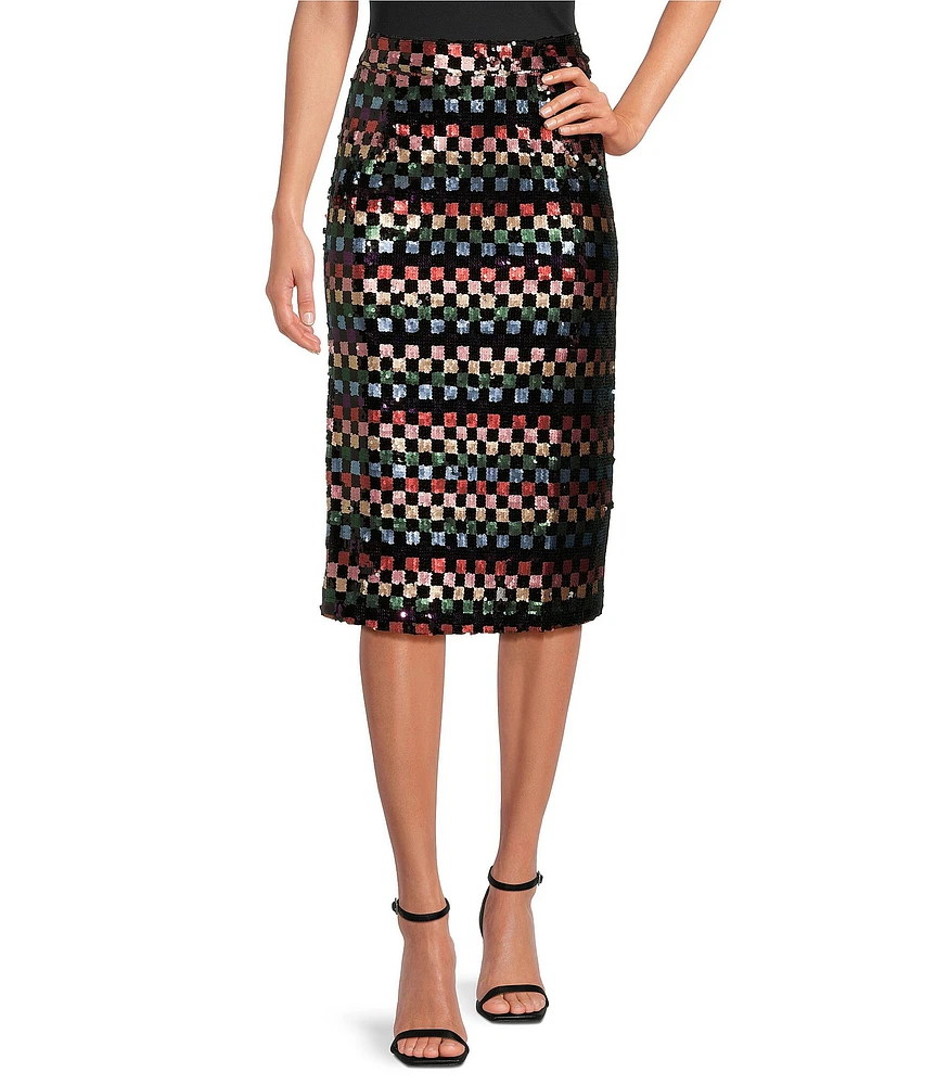 Buru Checkered Sequin Pencil Midi Skirt