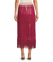 Buru Colorblock Elastic-Back Waist Fringe Midi A-Line Skirt