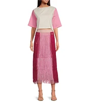 Buru Colorblock Elastic-Back Waist Fringe Midi A-Line Skirt