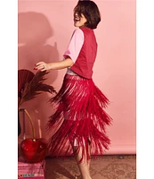 Buru Colorblock Elastic-Back Waist Fringe Midi A-Line Skirt