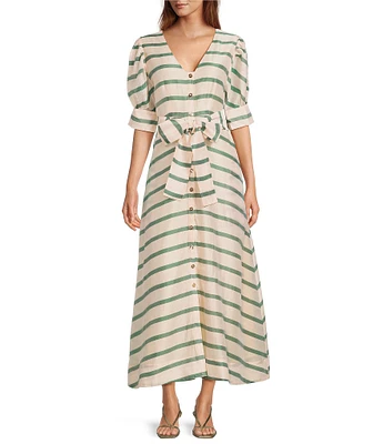 Buru Deep V-Neck Short Puff Sleeve Full Button Front A-Line Midi Dress