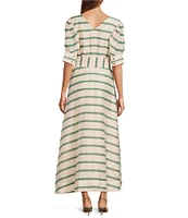 Buru Deep V-Neck Short Puff Sleeve Full Button Front A-Line Midi Dress