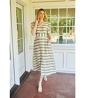 Buru Deep V-Neck Short Puff Sleeve Full Button Front A-Line Midi Dress