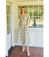 Buru Deep V-Neck Short Puff Sleeve Full Button Front A-Line Midi Dress