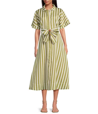 Buru Donna Day Short Sleeve Contrast Bow Detail Stripe Print Shirt Dress