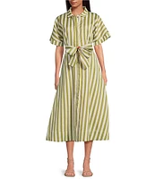 Buru Donna Day Short Sleeve Contrast Bow Detail Stripe Print Shirt Dress