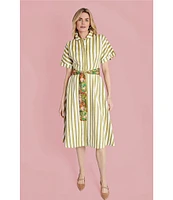Buru Donna Day Short Sleeve Contrast Bow Detail Stripe Print Shirt Dress