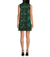 Buru Floral Brocade Mock Neck Sleeveless Shift Mini Dress