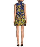 Buru Floral Brocade Mock Neck Sleeveless Shift Mini Dress