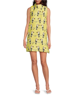 Buru Floral Brocade Toucan Print Mock Neck Sleeveless Shift Mini Dress