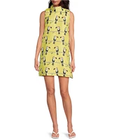 Buru Floral Brocade Toucan Print Mock Neck Sleeveless Shift Mini Dress