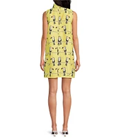 Buru Floral Brocade Toucan Print Mock Neck Sleeveless Shift Mini Dress
