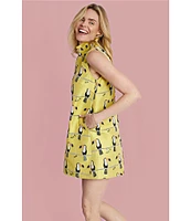 Buru Floral Brocade Toucan Print Mock Neck Sleeveless Shift Mini Dress