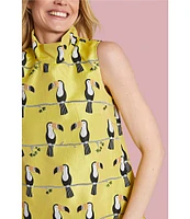 Buru Floral Brocade Toucan Print Mock Neck Sleeveless Shift Mini Dress