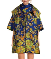 Buru Floral Brocade Wide Platter Point Collar 3/4 Sleeve Open Front Mid Length Topper Coat