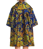 Buru Floral Brocade Wide Platter Point Collar 3/4 Sleeve Open Front Mid Length Topper Coat