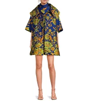 Buru Floral Brocade Wide Platter Point Collar 3/4 Sleeve Open Front Mid Length Topper Coat