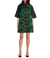 Buru Floral Brocade Wide Platter Point Collar 3/4 Sleeve Open Front Mid Length Topper Coat