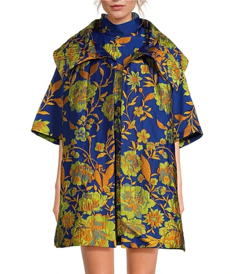 Buru Floral Print Oversized Point Collar 3/4 Sleeve Side Pocket Car Coat