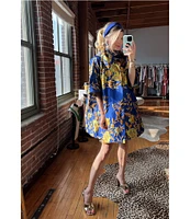 Buru Floral Print Oversized Point Collar 3/4 Sleeve Side Pocket Car Coat