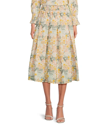 Buru Floral Smocked Waist Pull-On Pocketed A-Line Coordinating Midi Skirt